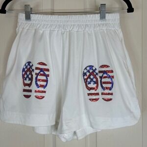 White Sequin American Flag Flip Flop Shorts Patriotic Fourth of July Women Med